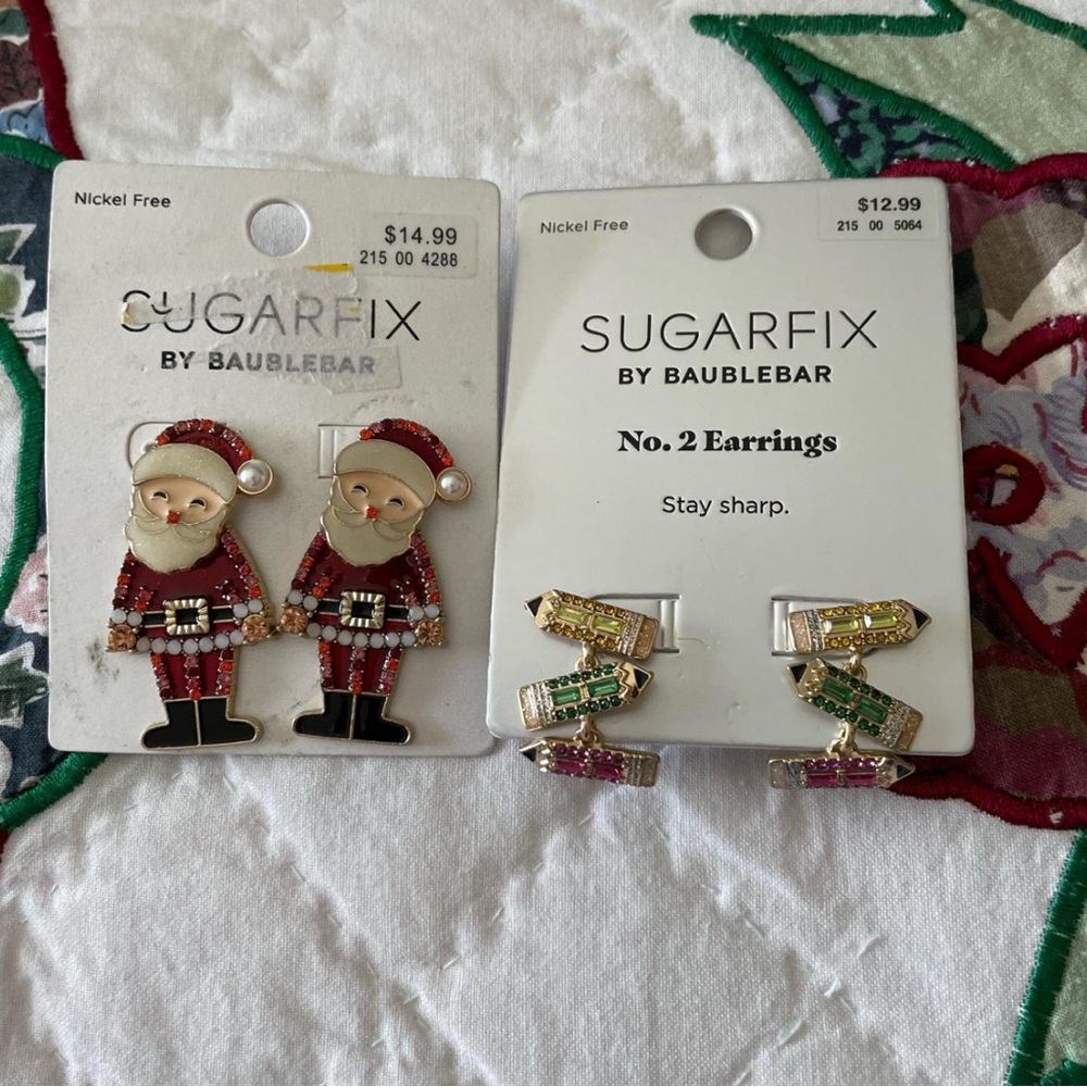 New On Card Sugarfix Baublebar Pair of Earrings Santa and Pencils